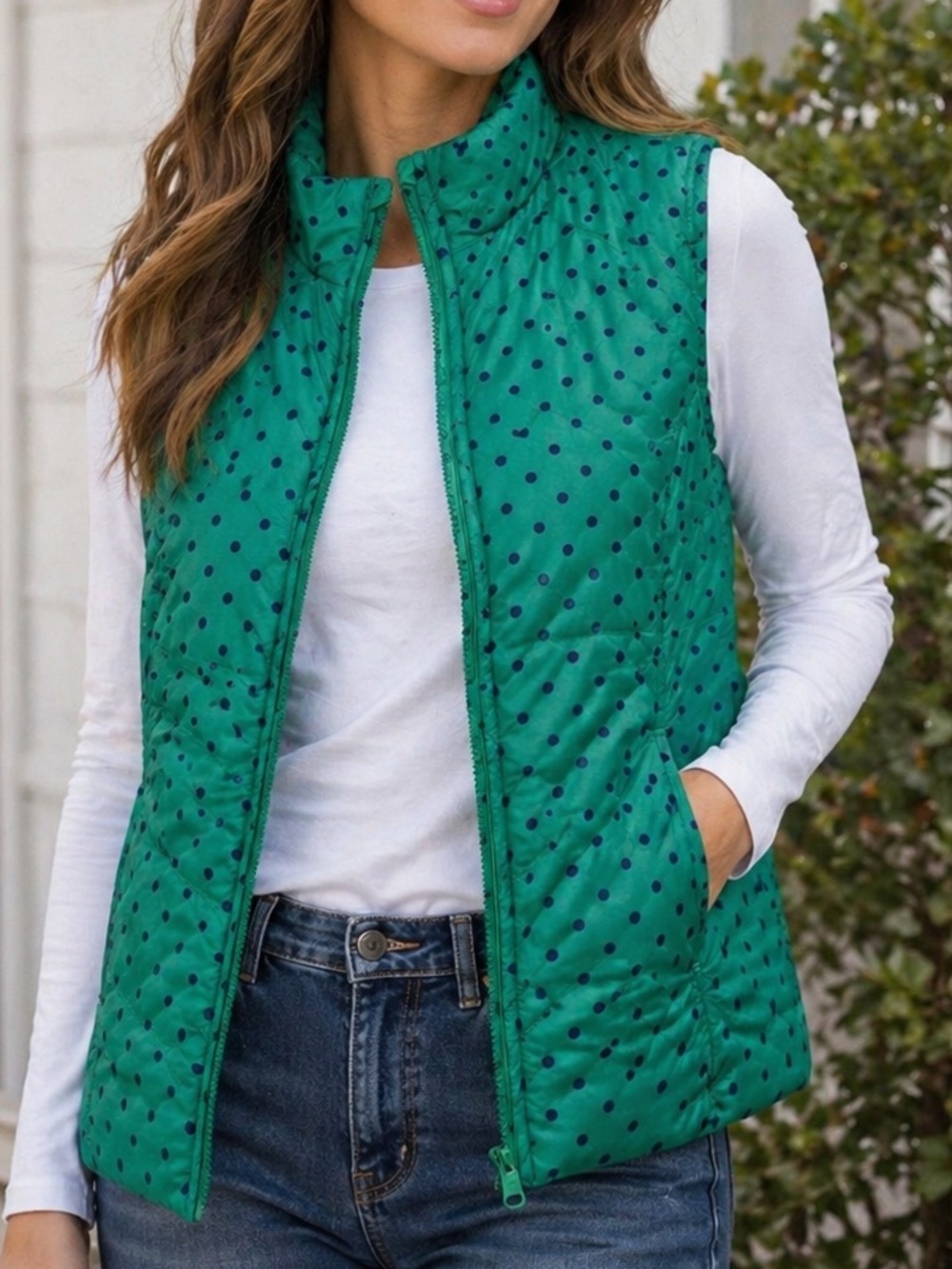 Kim Rogers Green with Navy Polka Dot Puffer Medium Vest